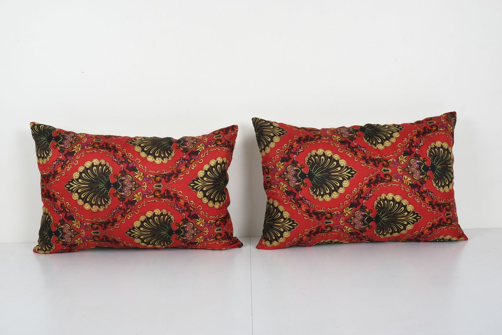 Old Uzbek Trade Cloth Pillow, Set Of Two Vintage Floral Roller Print Cushion Cover On Cotton 16'' X 22''