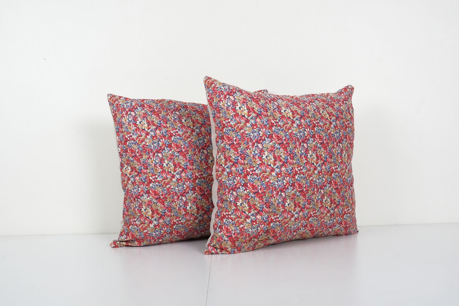 Set Of Two Uzbek Pink Roller Printed Cotton Fabric Panel, Pair Mid 20th Century Tribal Cushion Cover 18'' X 18'' photo furniture