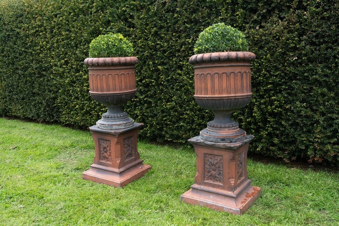 Pair Of Antique Terracotta Urns On Plinths photo vinterior