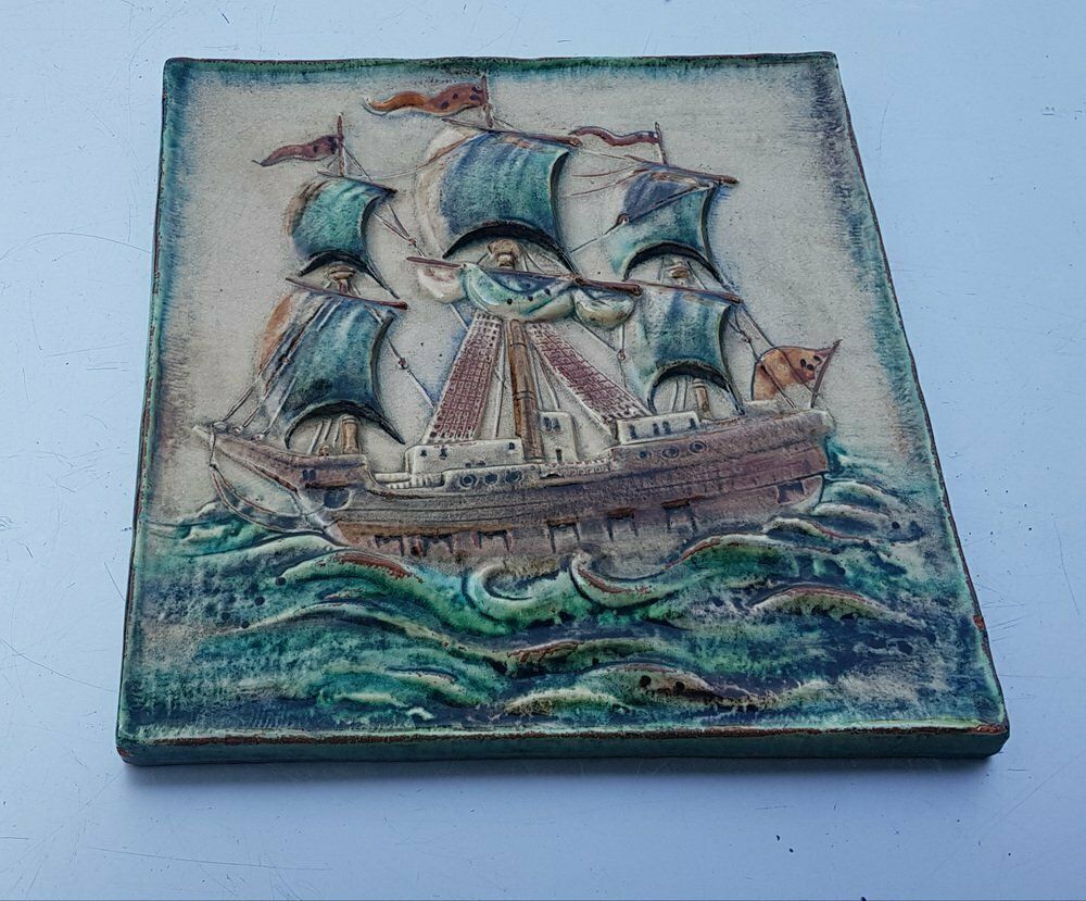 Handcrafted German Ceramic Wall Plate With Ship From Karlsruhe Majolika, 1960s photo furniture