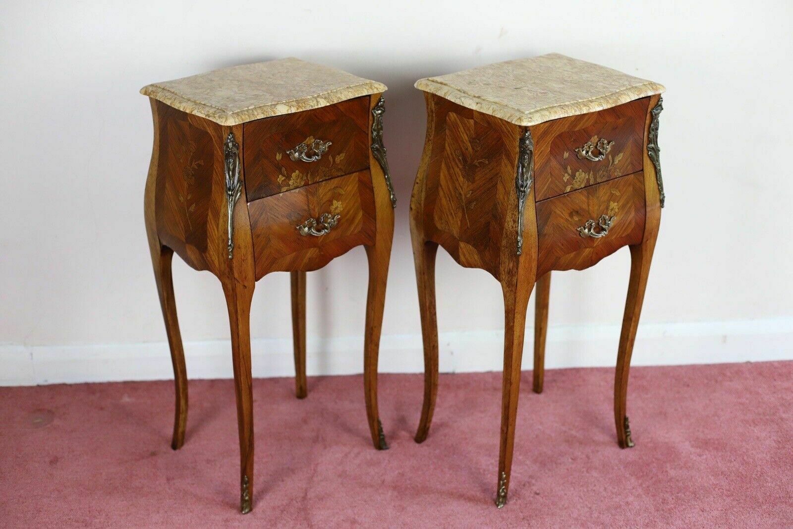 Antique Louis XV French Marquetry Marble Nightstands photo for sale