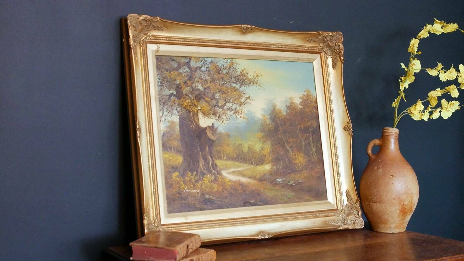 Oil On Canvas Landscape Painting Gilt Frame Vintage Rural Scene Figurative photo 375.0