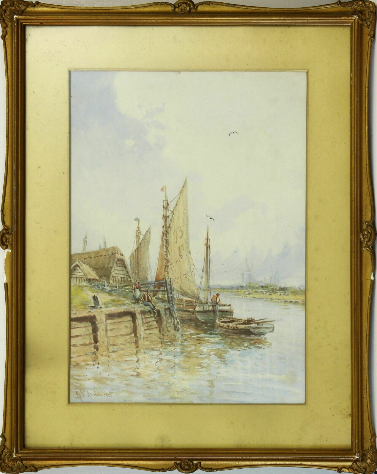 Watercolour By Robert Anderson. Working Boat Under Sail Possibly On The Waveney