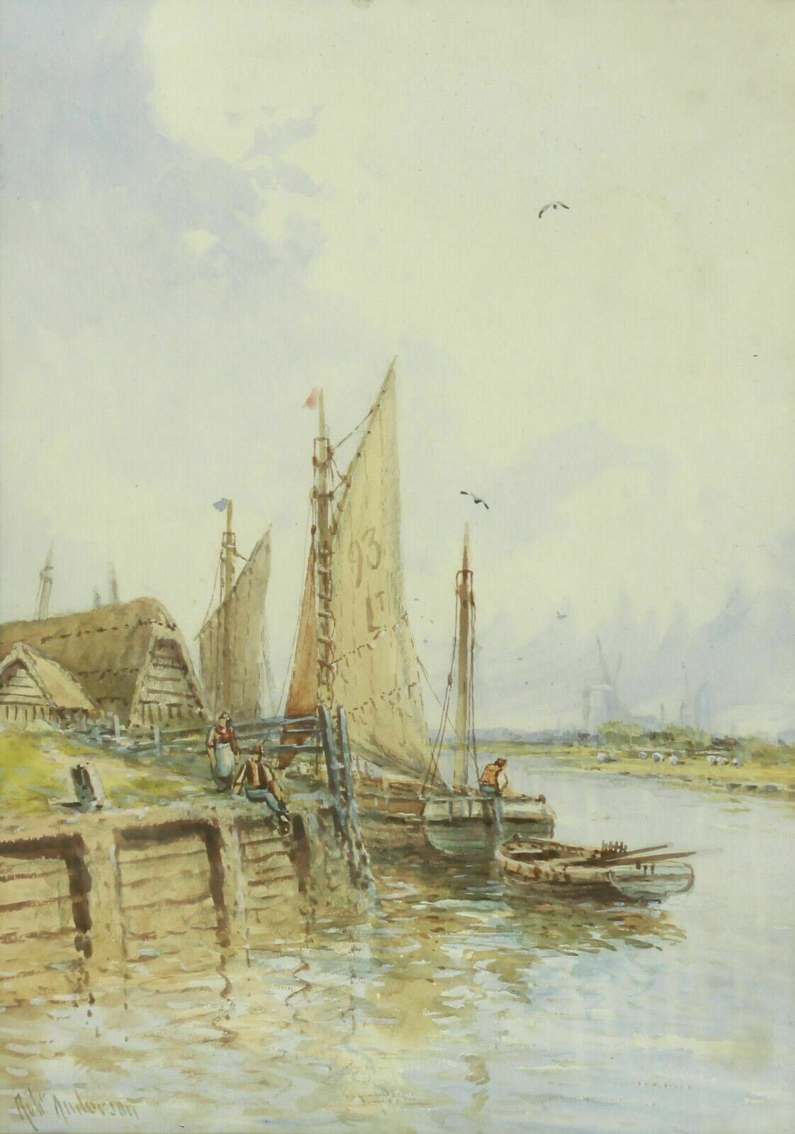 Watercolour By Robert Anderson. Working Boat Under Sail Possibly On The Waveney photo furniture