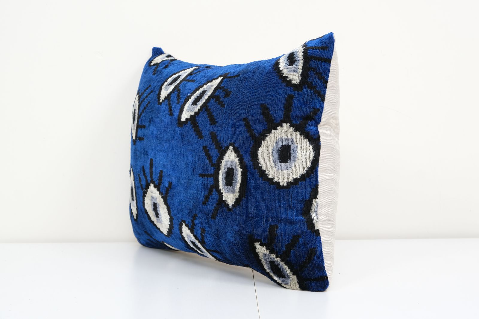 16" X 24" Ikat Eye Blue Pillow Pillow Cover   Silk Ethnic Velvet Lumbar Pillow Cover   Designer Pillow   Velvet Ikat Pillow photo Textiles