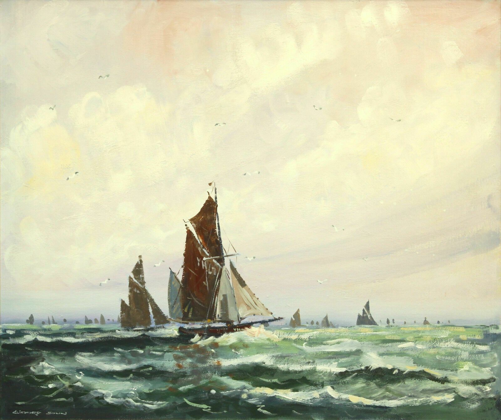 Acrylic On Board By Clifford John. Titled "The Yarmouth Fishing Fleet" photo furniture