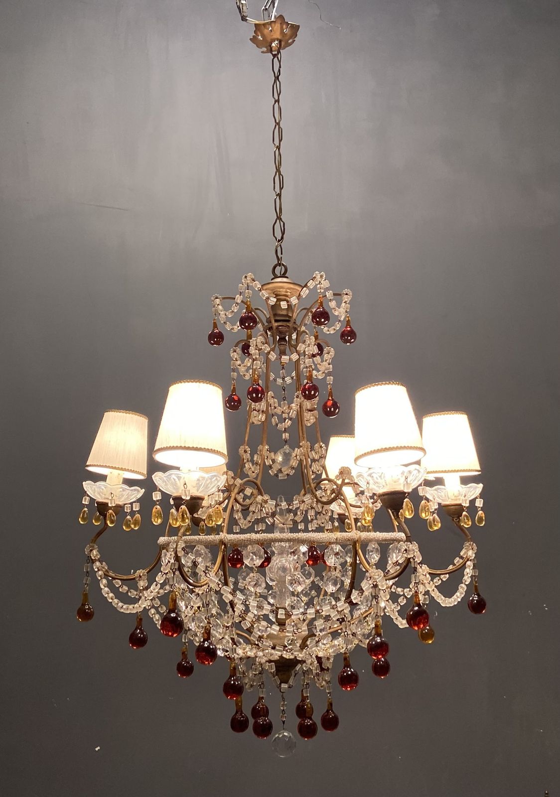 Large Antique Macaroni Crystal Beaded Chandelier 1940’s