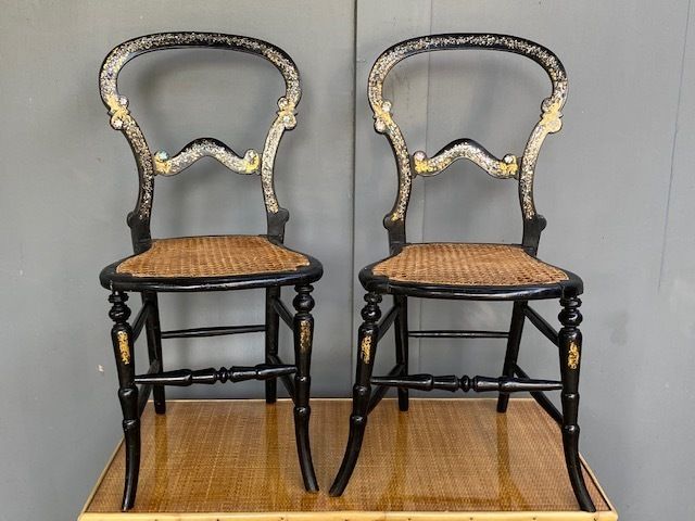 Pair Of 19th Century Ebonised Victorian Side Chairs, English C. 1860