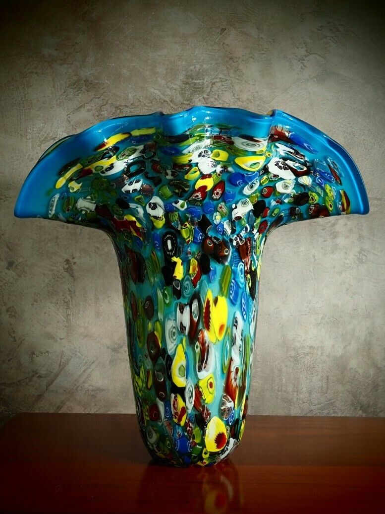 Amazing And Beautiful Blue Vase, Large Murano Style Glass Vase, Venetian Glass Home Decor, Antique Blue Wavy Design, Gift Idea photo for sale