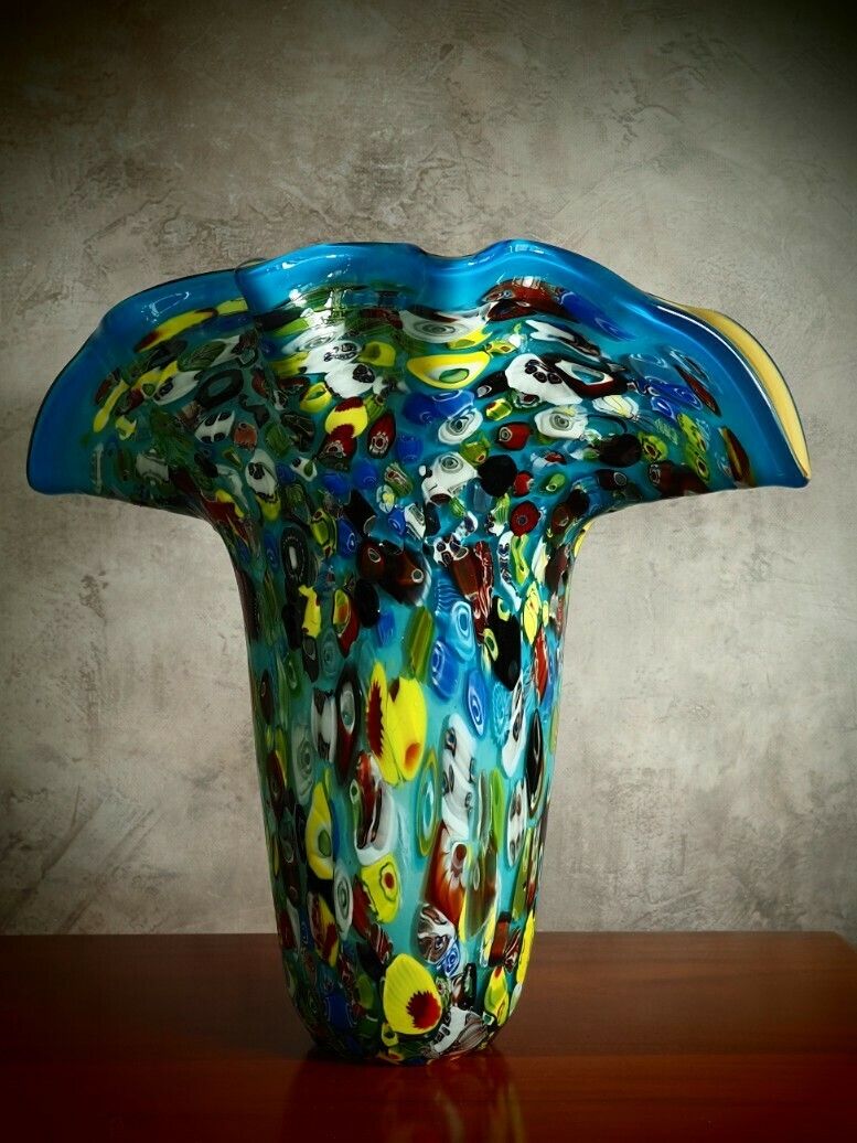 Amazing And Beautiful Blue Vase, Large Murano Style Glass Vase, Venetian Glass Home Decor, Antique Blue Wavy Design, Gift Idea photo Home Decor