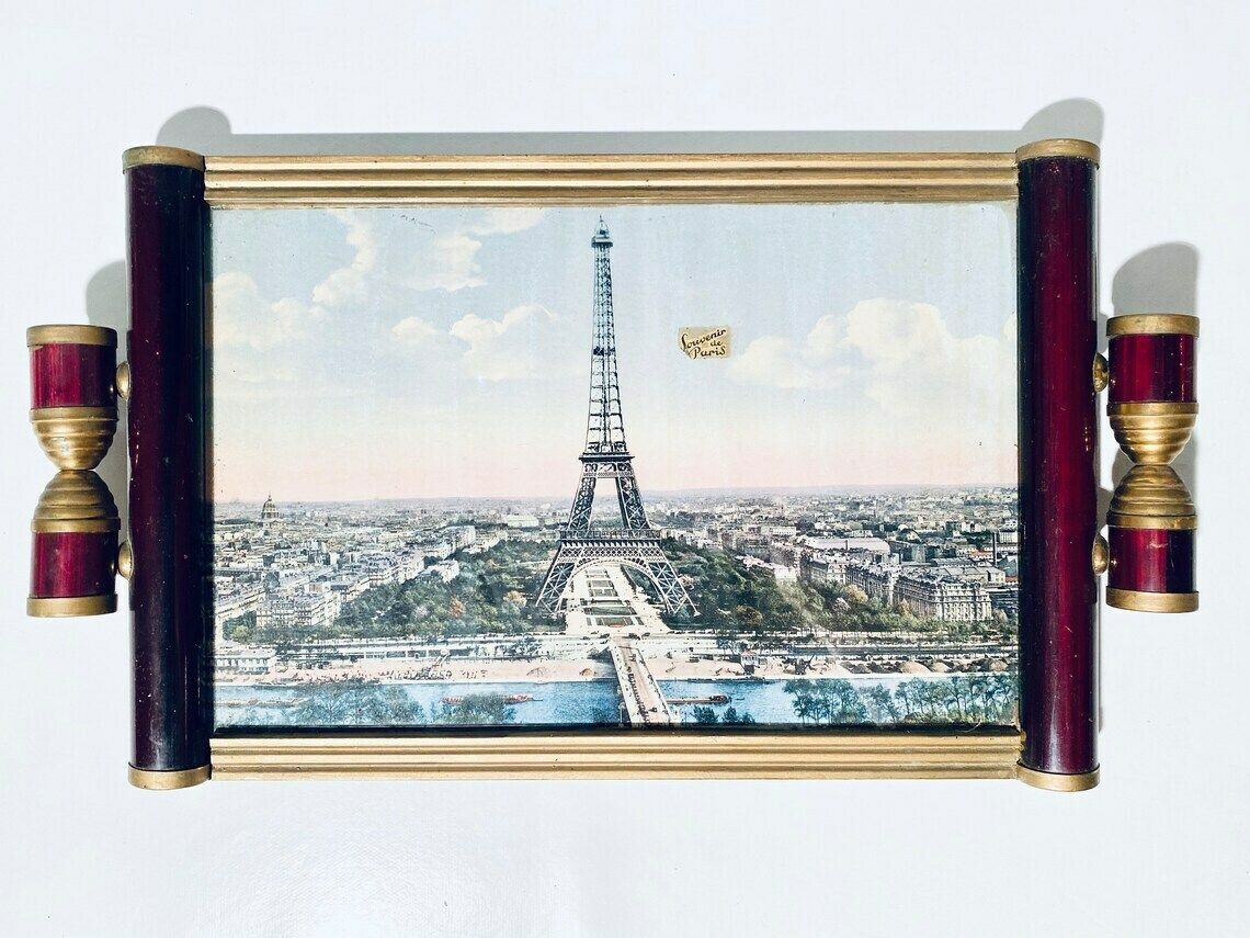 Art Deco Paris Eiffel Tower Wooden Serving Tray / Vintage Souvenir France