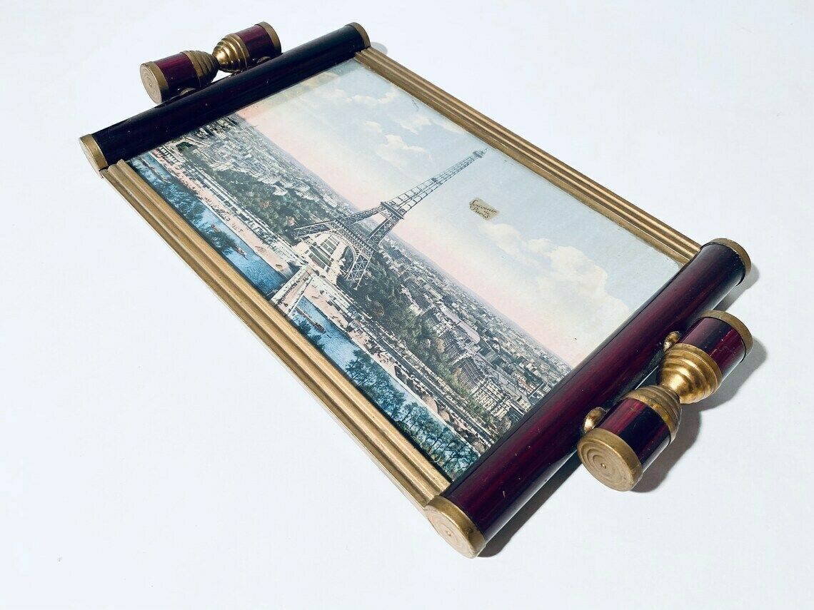 Art Deco Paris Eiffel Tower Wooden Serving Tray / Vintage Souvenir France photo furniture