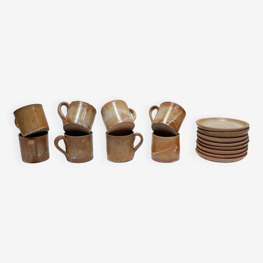 Series Of 8 Vintage Stoneware Cups And Saucers