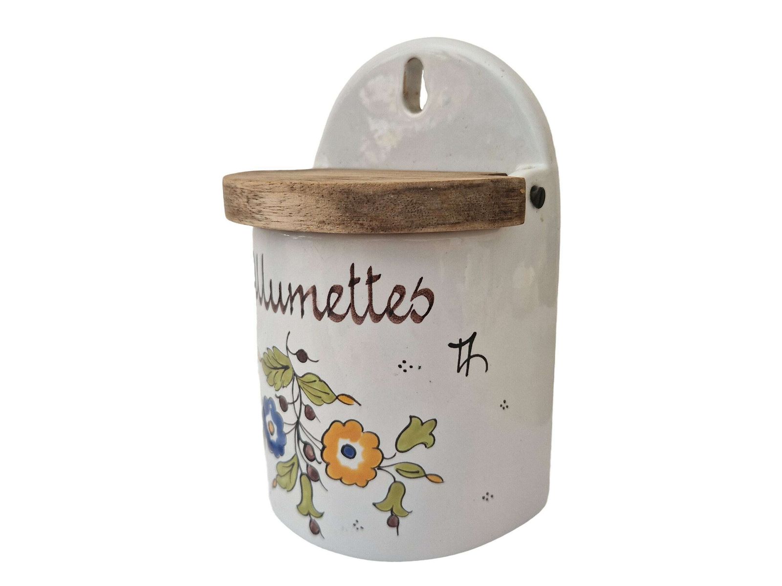 Hand Painted French Pottery Match Box With Folk Art Flowers, Rustic Kitchen Decor photo Home Decor