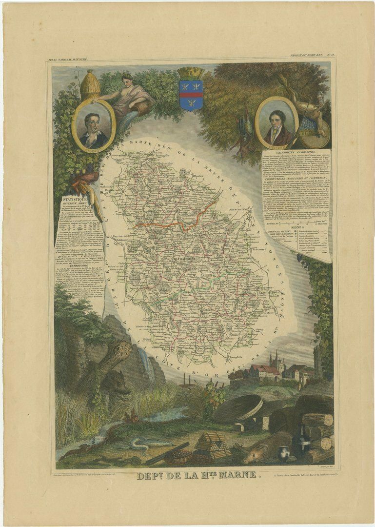 Hand Colored Antique Map Of The Department Of Haute Marne, France