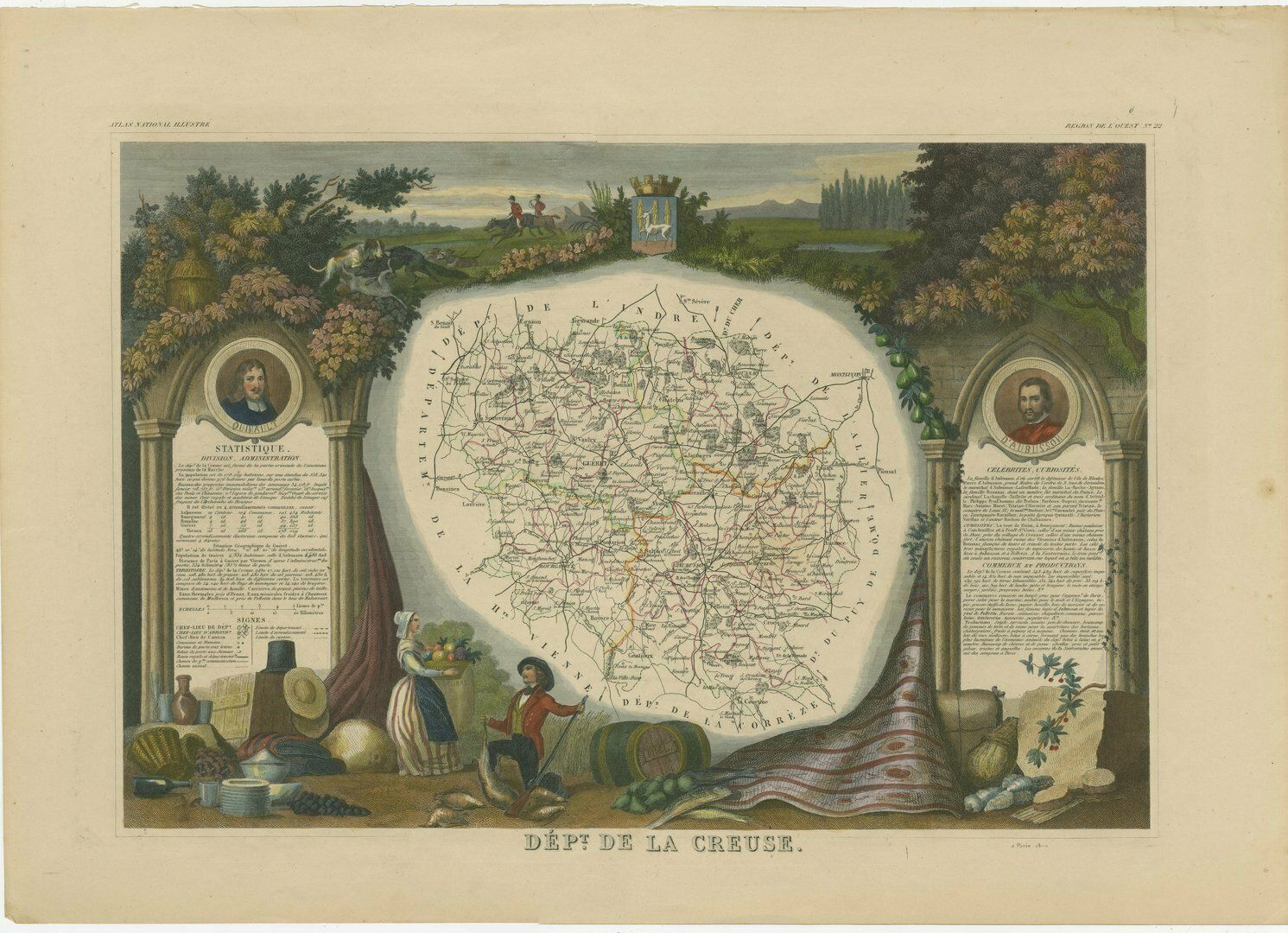 Hand Colored Antique Map Of The Department Of Creuse, France