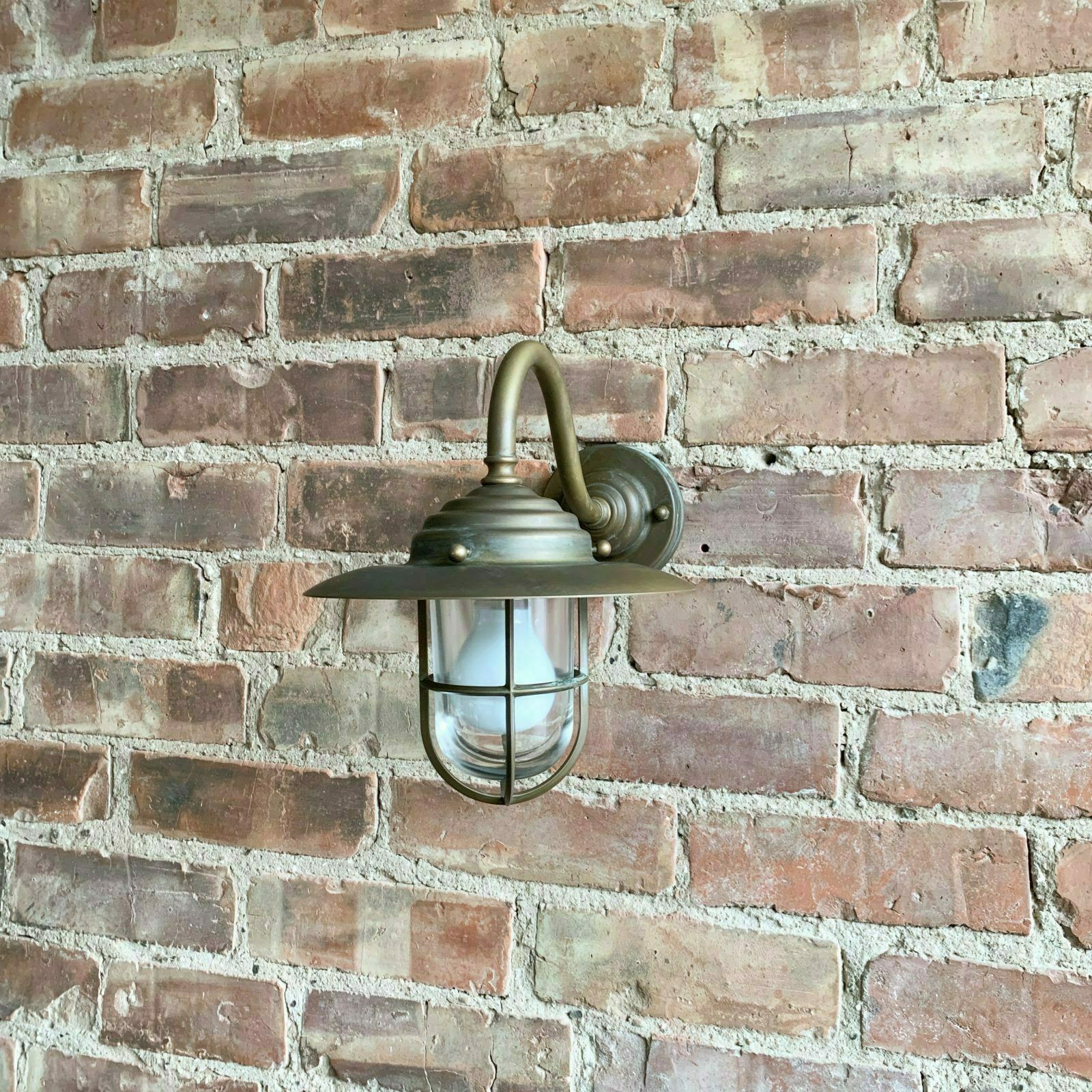 Contemporary Small Aged Brass Swan Neck Shaded Caged Wall Light photo Garden Lighting