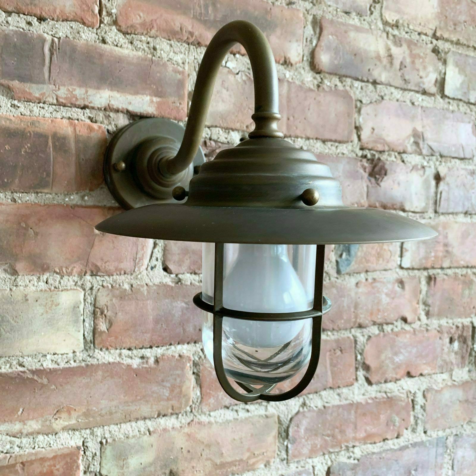 photo for sale Contemporary Small Aged Brass Swan Neck Shaded Caged Wall Light
