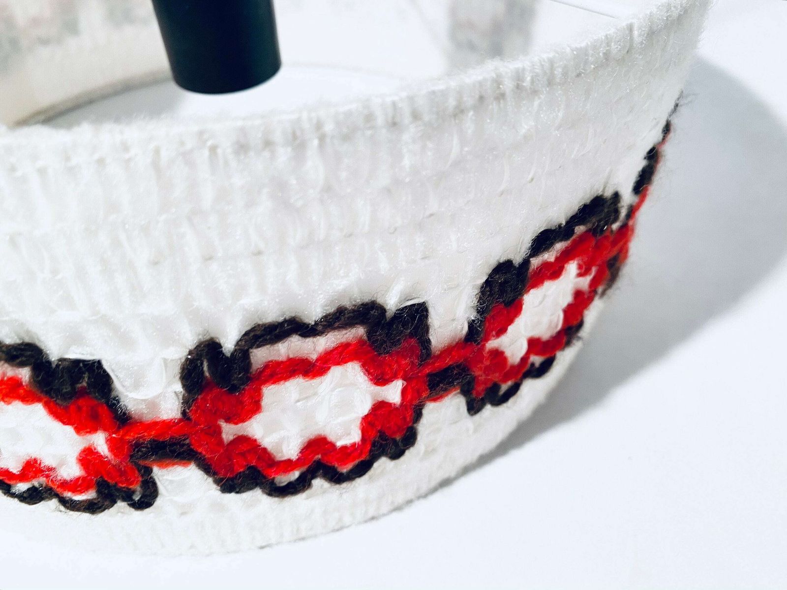 photo for sale Vintage 1960s Hanging Lamp With White & Red Knitted Shade / Mid Century Hygge Decor