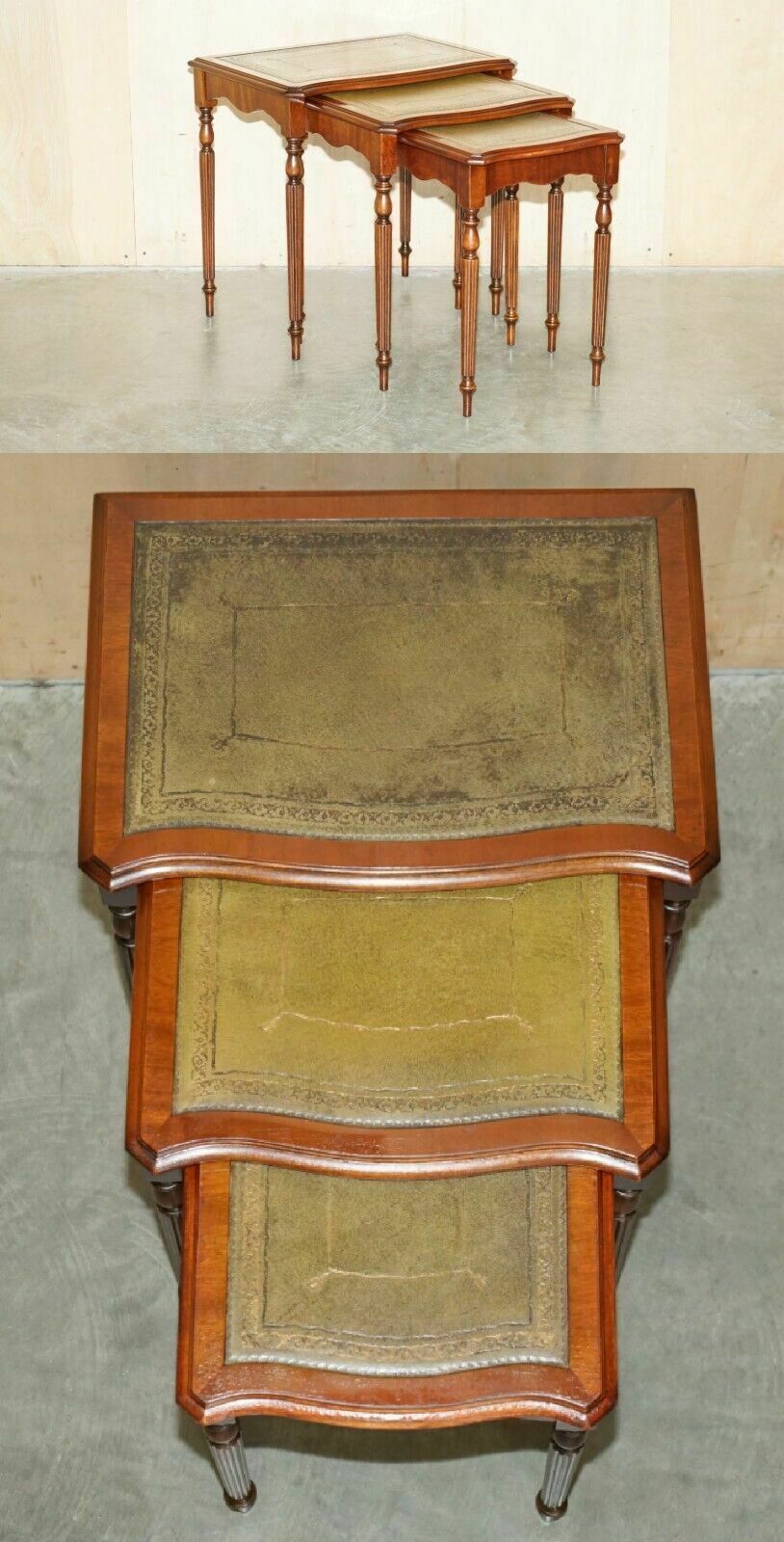 Vintage Serpentine Fronted Green Leather & Mahogany Nest Of Three Tables