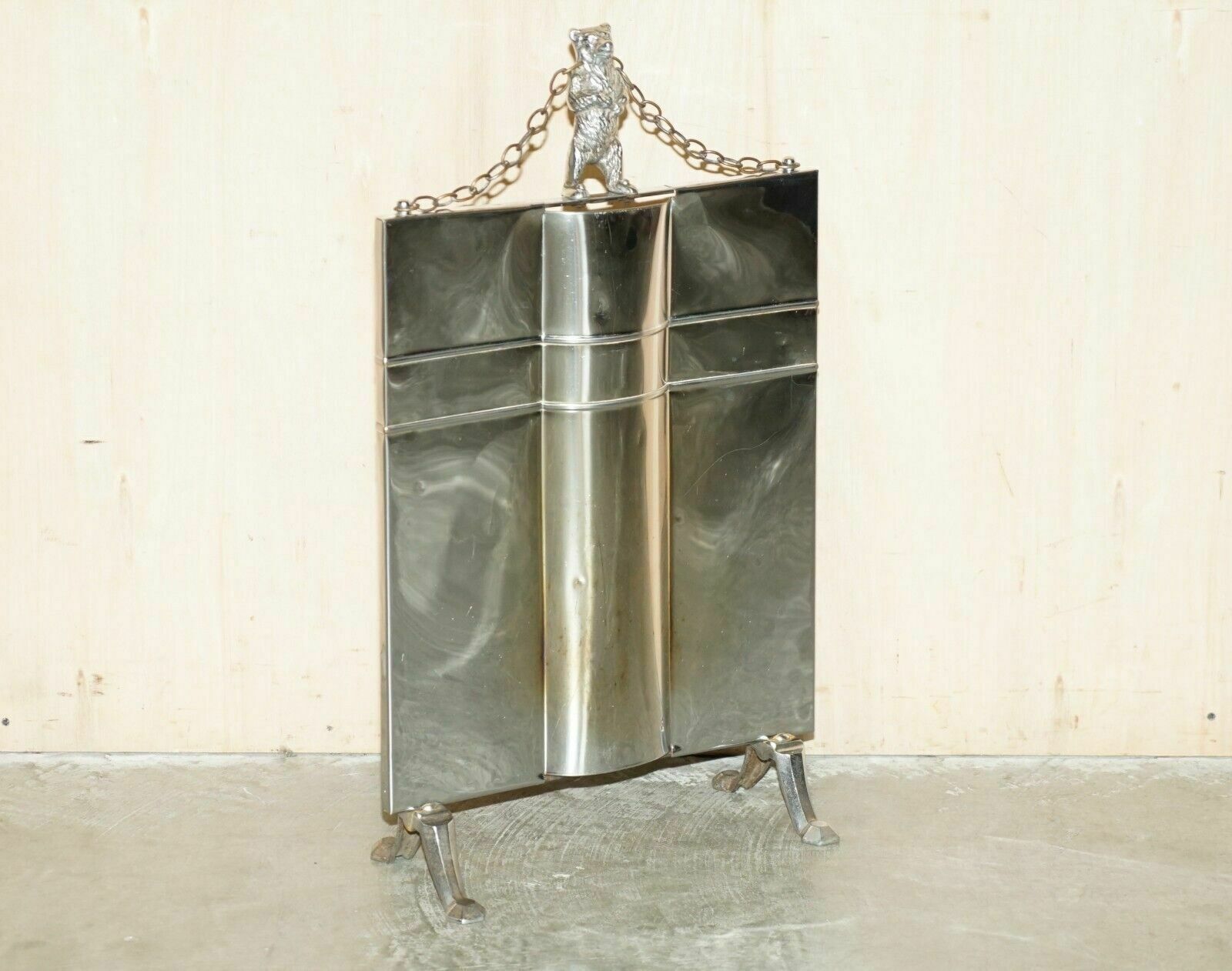 Art Deco Antique Circa 1920's Polished Chrome Fire Guard Screen With Bear On Top photo furniture