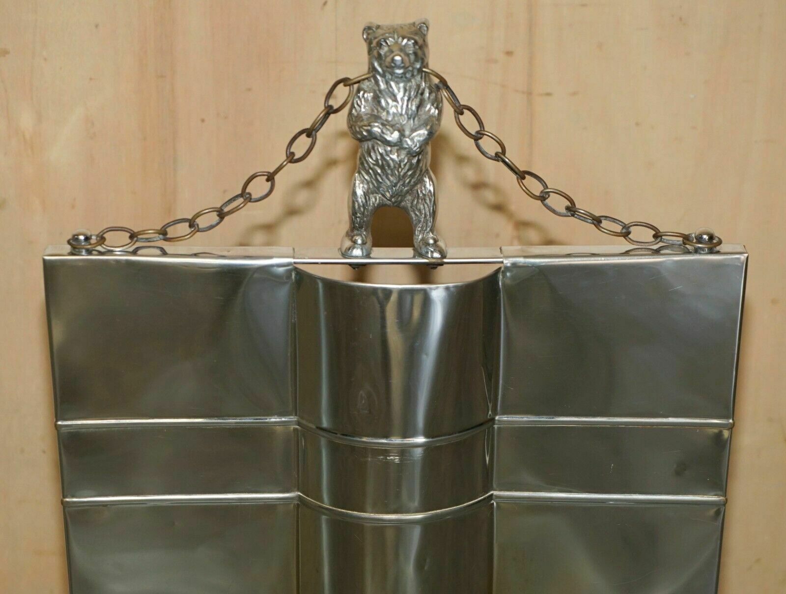Art Deco Antique Circa 1920's Polished Chrome Fire Guard Screen With Bear On Top photo for sale