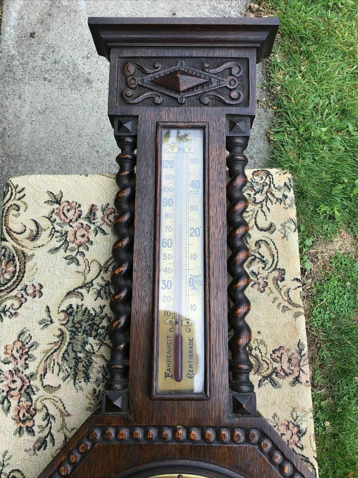 Early 20th C Carved Oak Barley Twist Barometer / Thermometer photo furniture