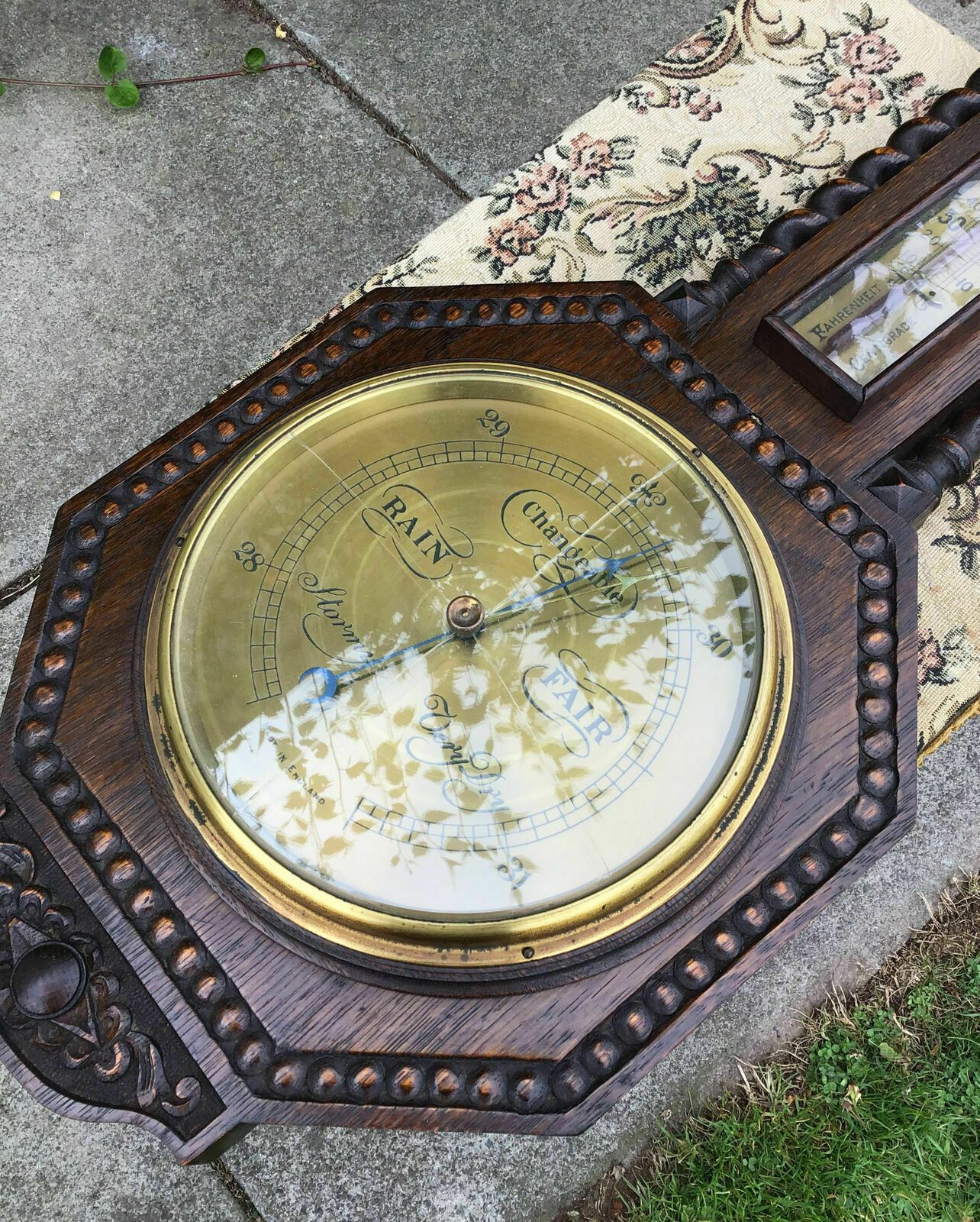 Early 20th C Carved Oak Barley Twist Barometer / Thermometer photo vinterior