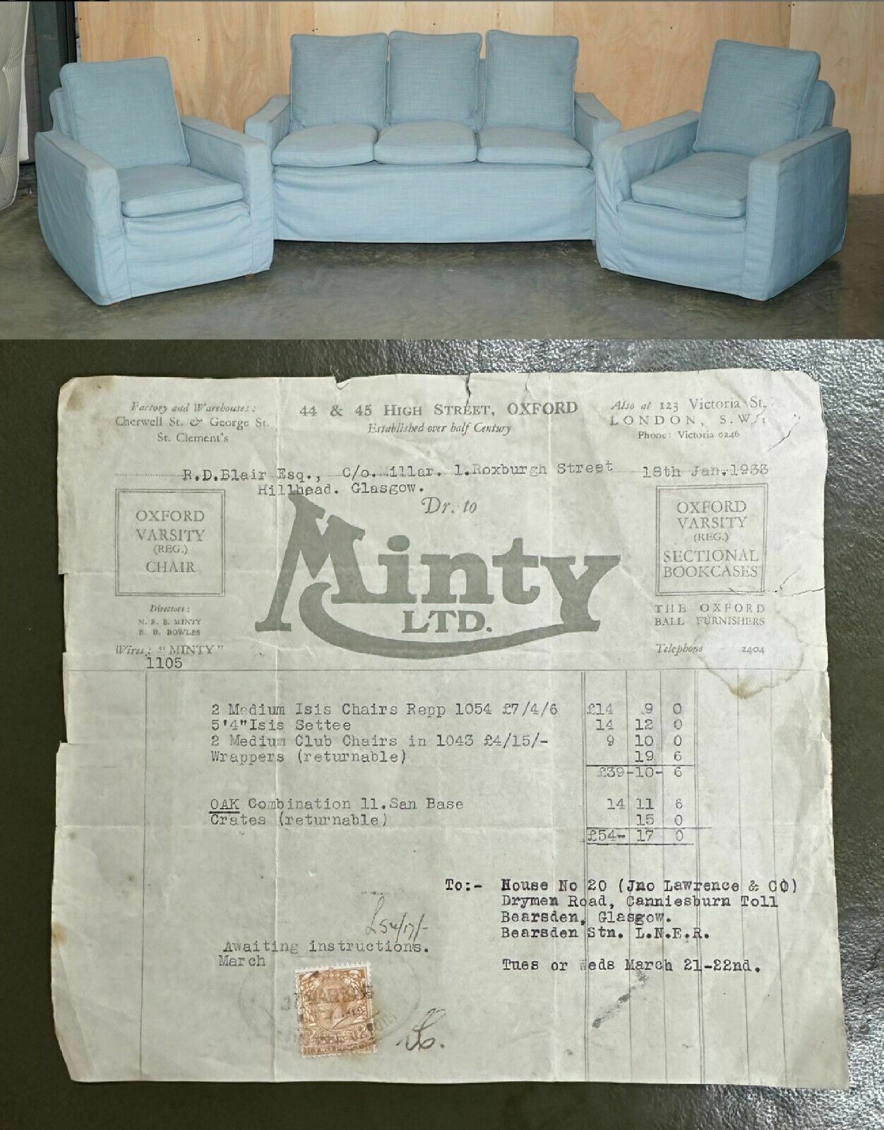 Super Rare 1933 Antique Minty Oxford Three Piece Sofa & Armchair Suite & Receipt