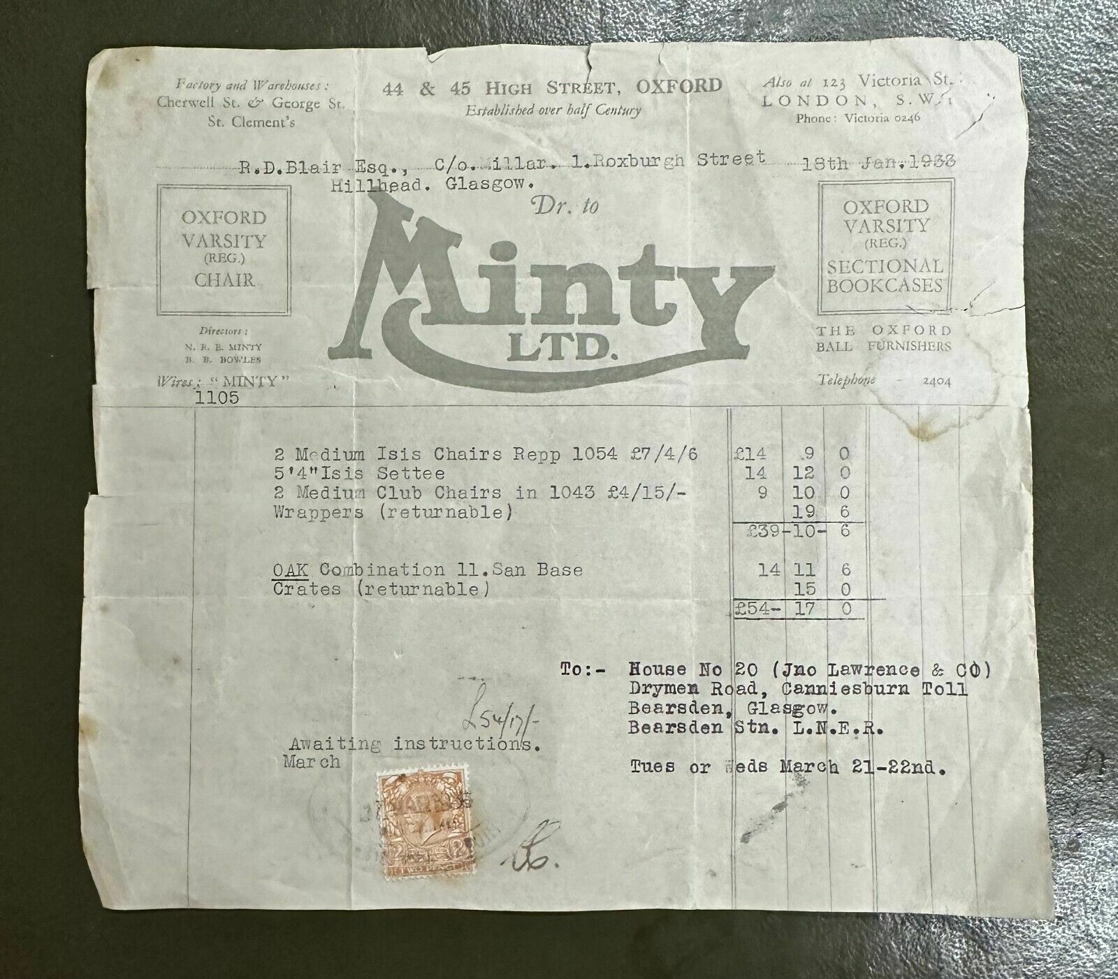 Super Rare 1933 Antique Minty Oxford Three Piece Sofa & Armchair Suite & Receipt photo for sale