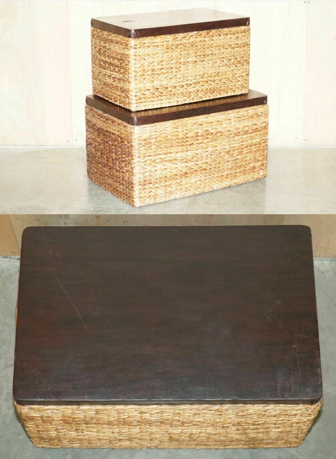 Lovely Pair Of Vintage Wicker Linen Storage Trunks Seats With Solid Wood Tops