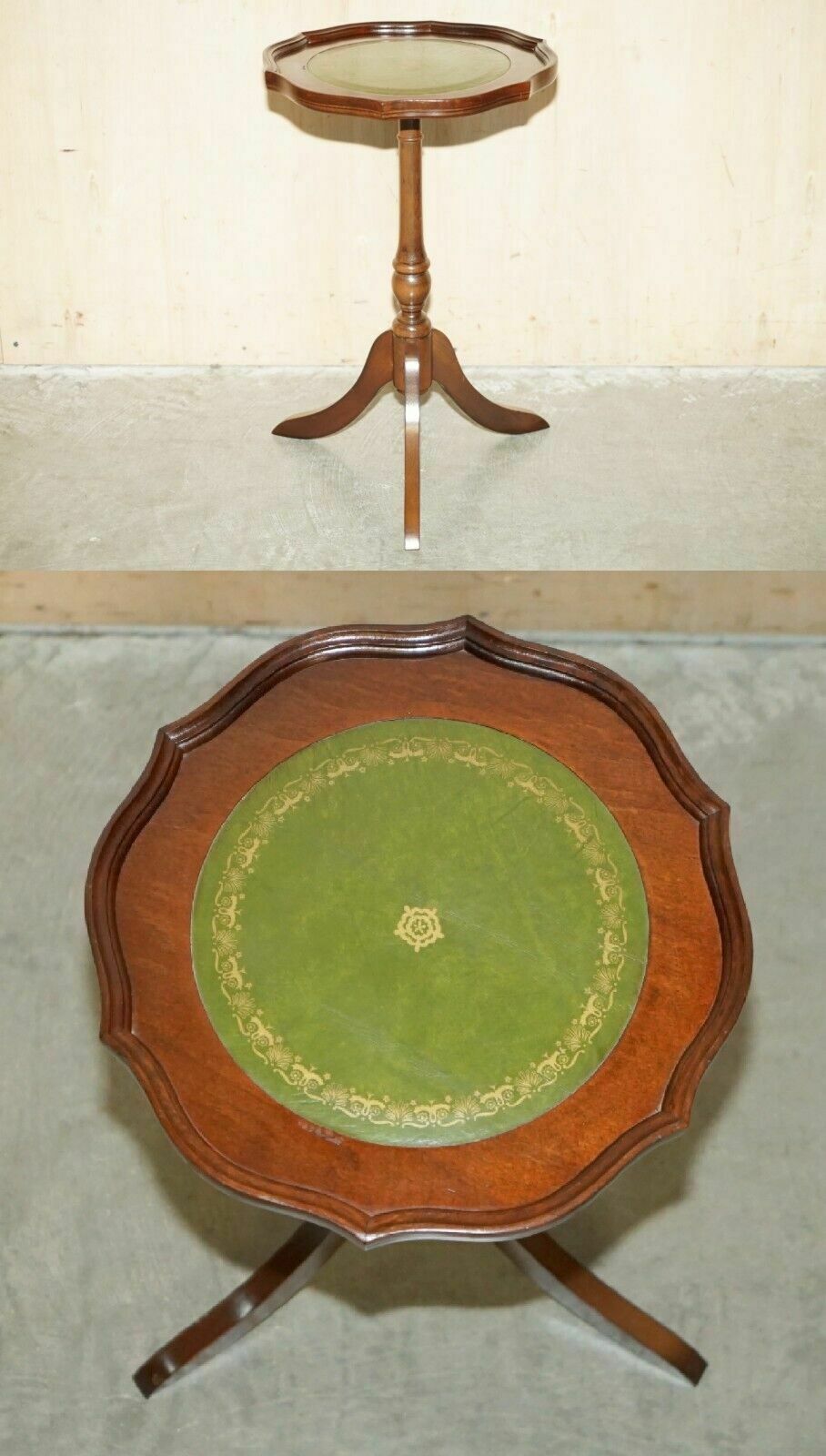 Pie Crust British Racing Green Leather Gold Leaf Tripod Side End Lamp Wine Table