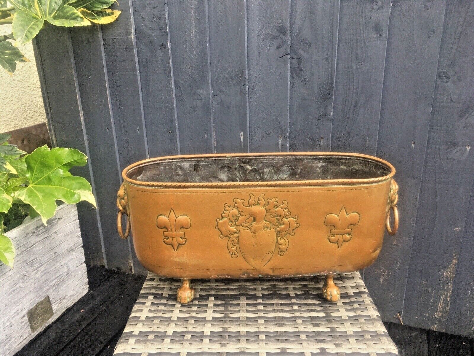 Antique French Armorial Brass Planter Plant Pot Lion Head Mask Handles Claw Ball
