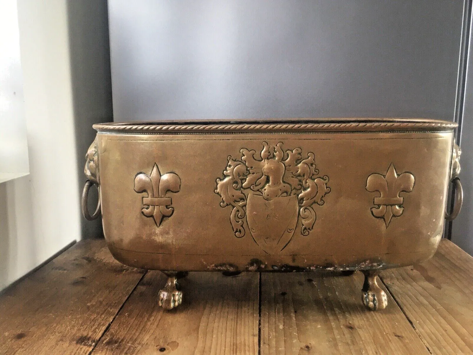 Antique French Armorial Brass Planter Plant Pot Lion Head Mask Handles Claw Ball photo for sale