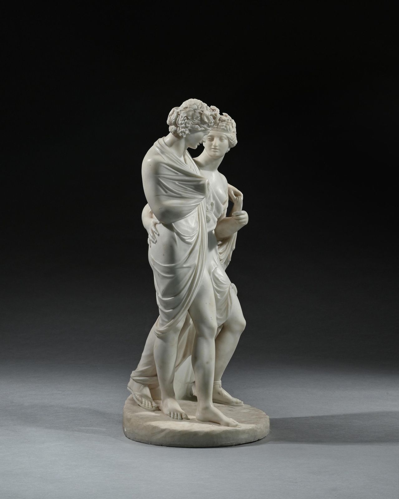 photo for sale Fine Italian Early 19th Century Marble Group Of Bacchus And Ariadne After The Antique, Attributed To Carlo Albacini C.1800