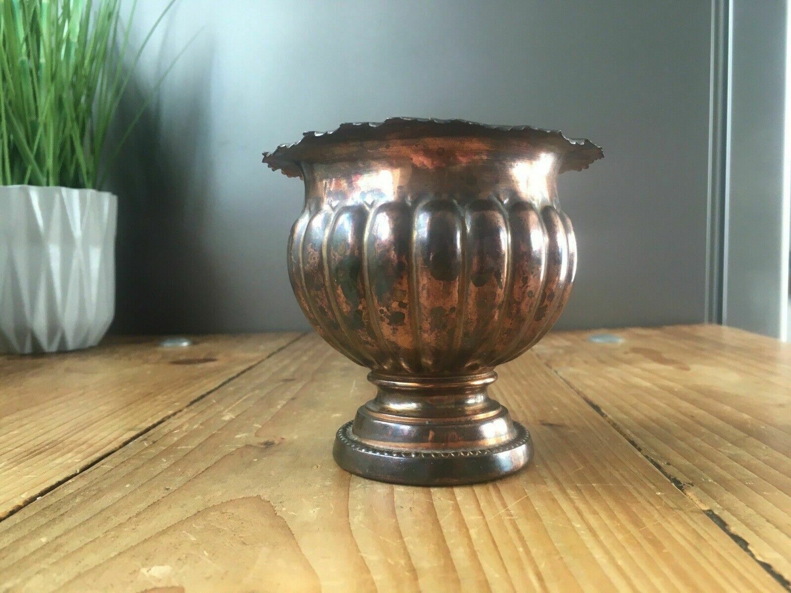 Small Antique Copper Pedestal Urn Planter Plant Pot Queen Anne Reeded Gadrooned photo for sale