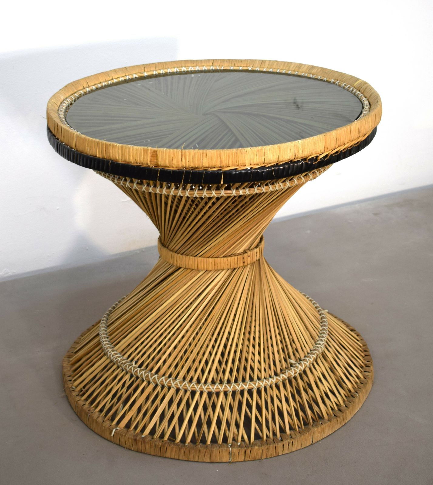 Italian Coffee Table, Straw And Smoked Glass, 1970s