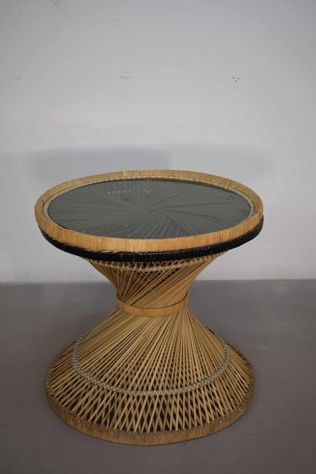 Italian Coffee Table, Straw And Smoked Glass, 1970s photo buy