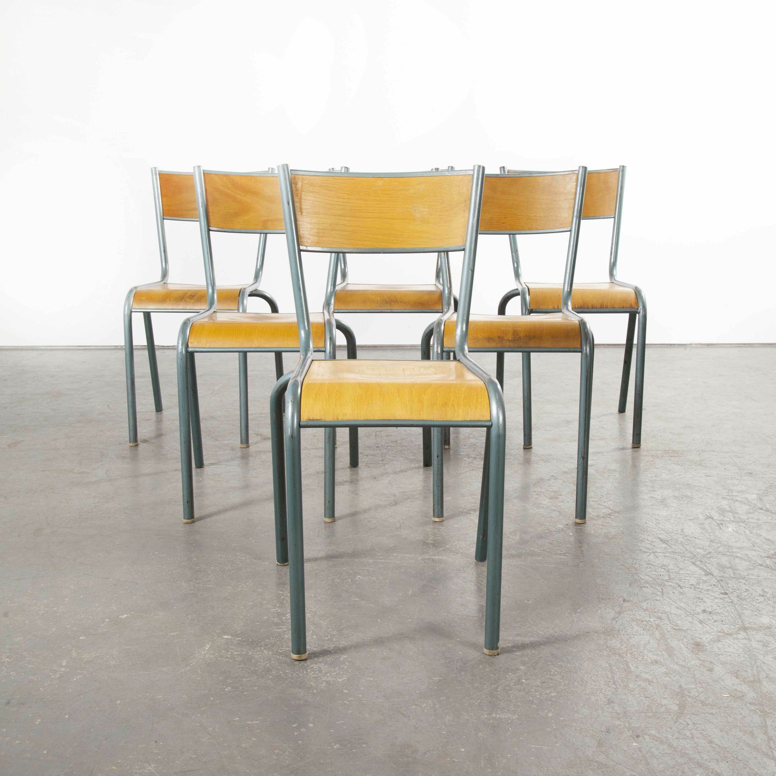 1950’s French Mullca Vintage Stacking School Dining Chairs Aqua Model 510 Set Of Six