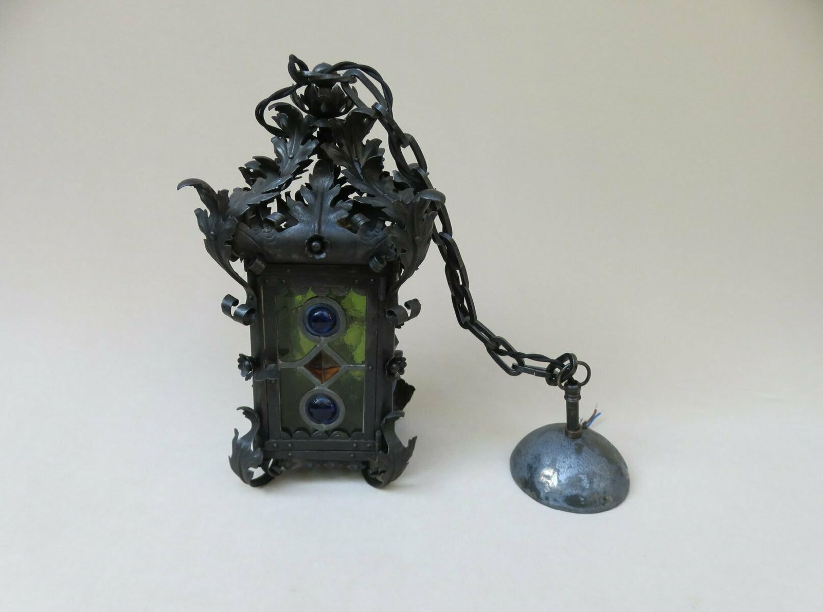 Art Nouveau Arts & Crafts Wrought Iron & Colored Lead Glazing Ceiling Light photo furniture