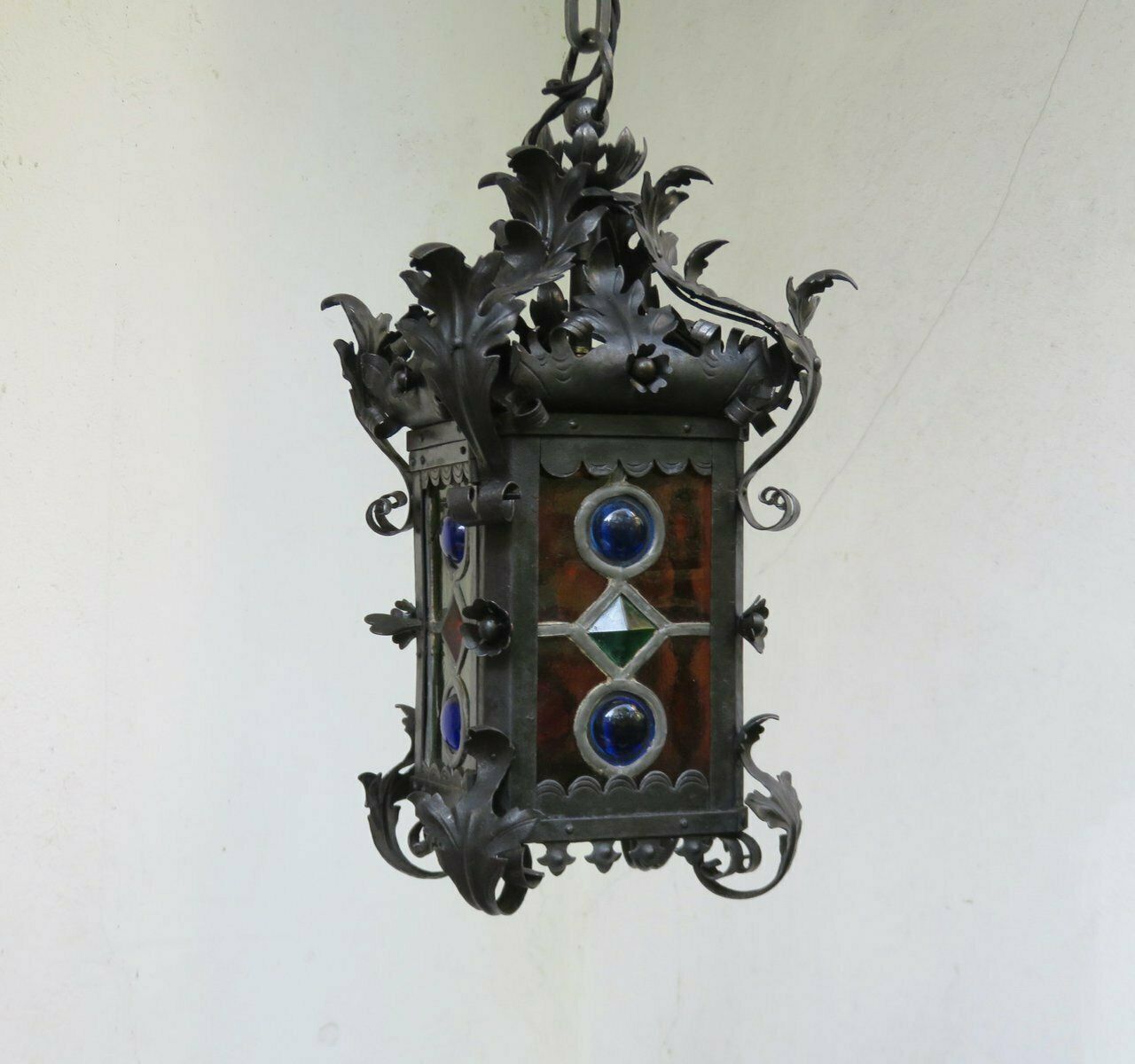 Art Nouveau Arts & Crafts Wrought Iron & Colored Lead Glazing Ceiling Light photo for sale