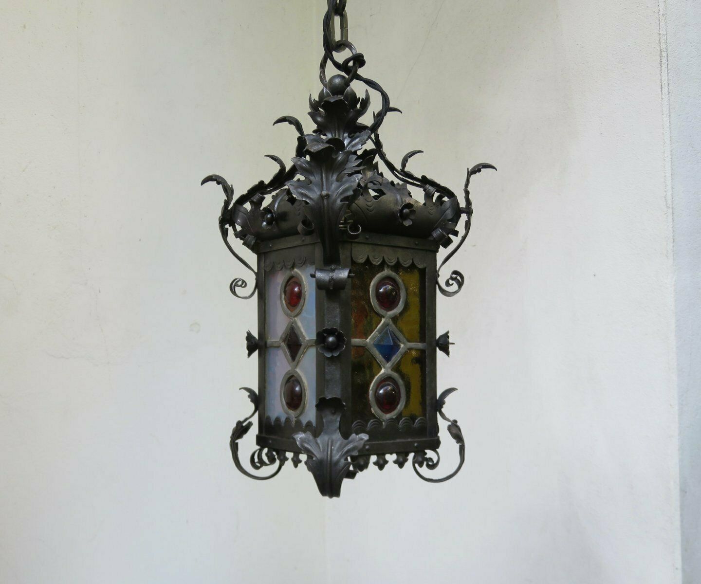 Art Nouveau Arts & Crafts Wrought Iron & Colored Lead Glazing Ceiling Light photo Lighting