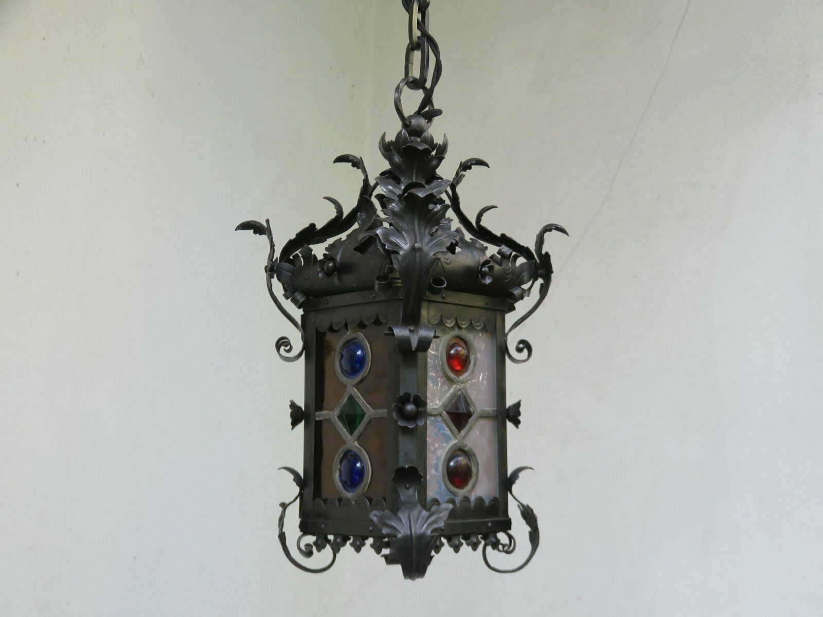 Art Nouveau Arts & Crafts Wrought Iron & Colored Lead Glazing Ceiling Light photo 4022.2