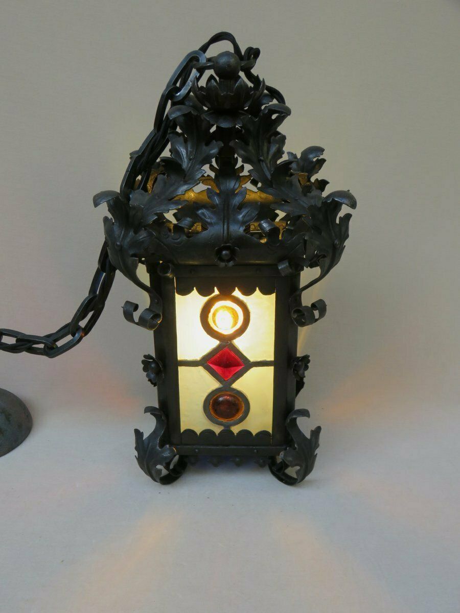 photo for sale Art Nouveau Arts & Crafts Wrought Iron & Colored Lead Glazing Ceiling Light