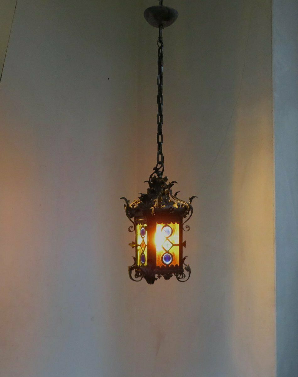 photo buy Art Nouveau Arts & Crafts Wrought Iron & Colored Lead Glazing Ceiling Light