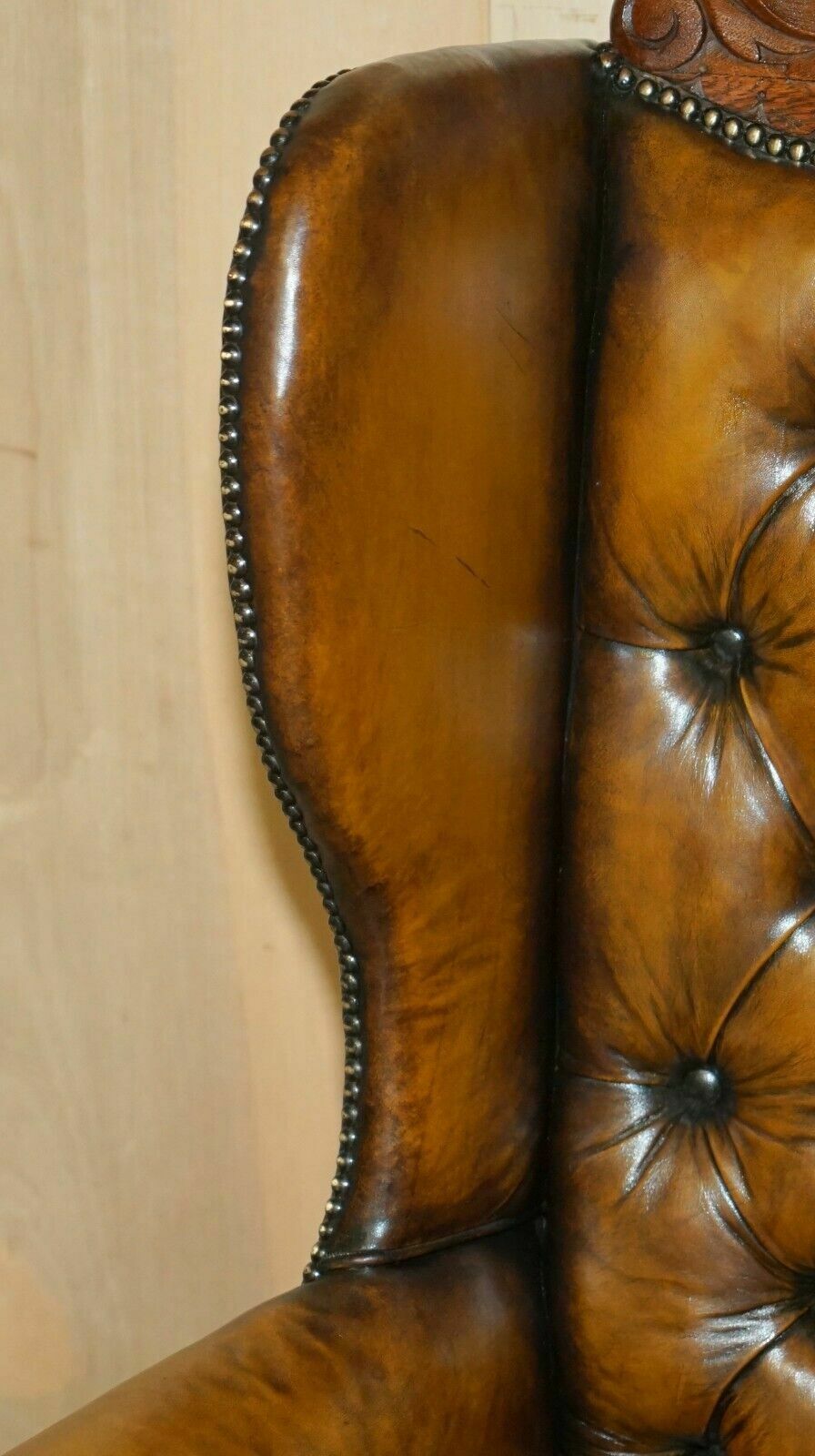 Huge Pair Of Antique Victorian Lion Carved Chesterfield Brown Leather Armchairs photo 9500.0