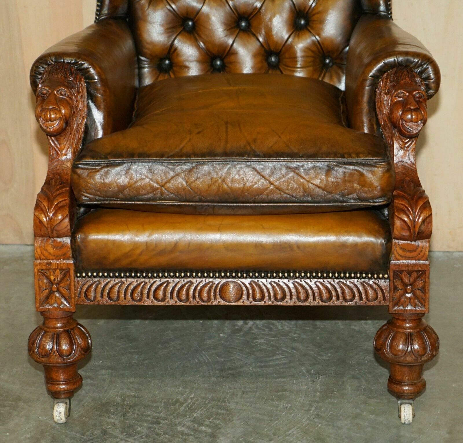 Huge Pair Of Antique Victorian Lion Carved Chesterfield Brown Leather Armchairs photo vinterior