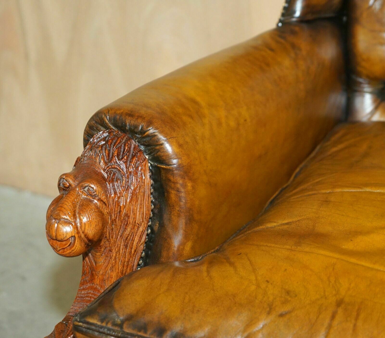 Huge Pair Of Antique Victorian Lion Carved Chesterfield Brown Leather Armchairs photo buy