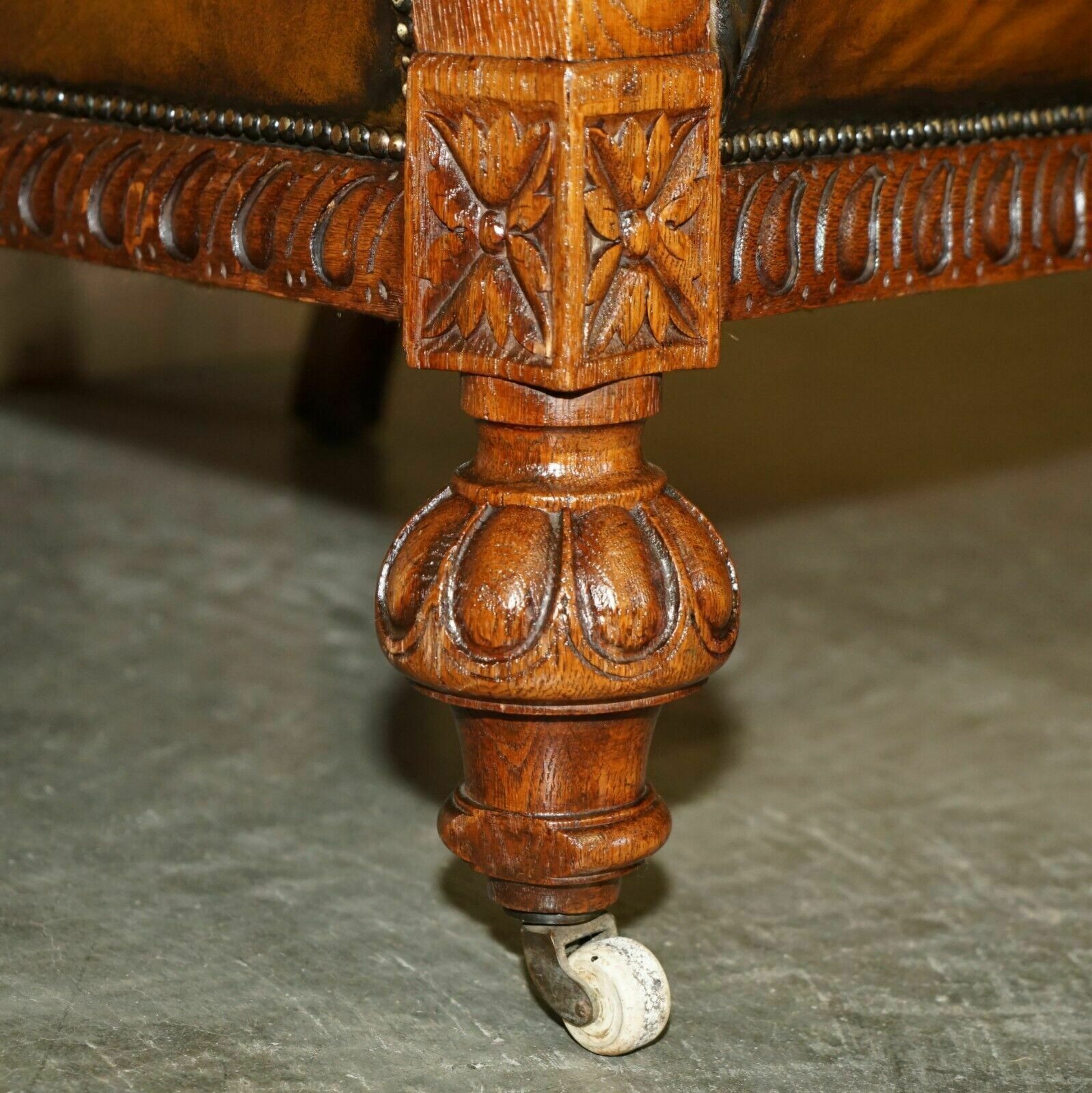 Furniture Huge Pair Of Antique Victorian Lion Carved Chesterfield Brown Leather Armchairs photo