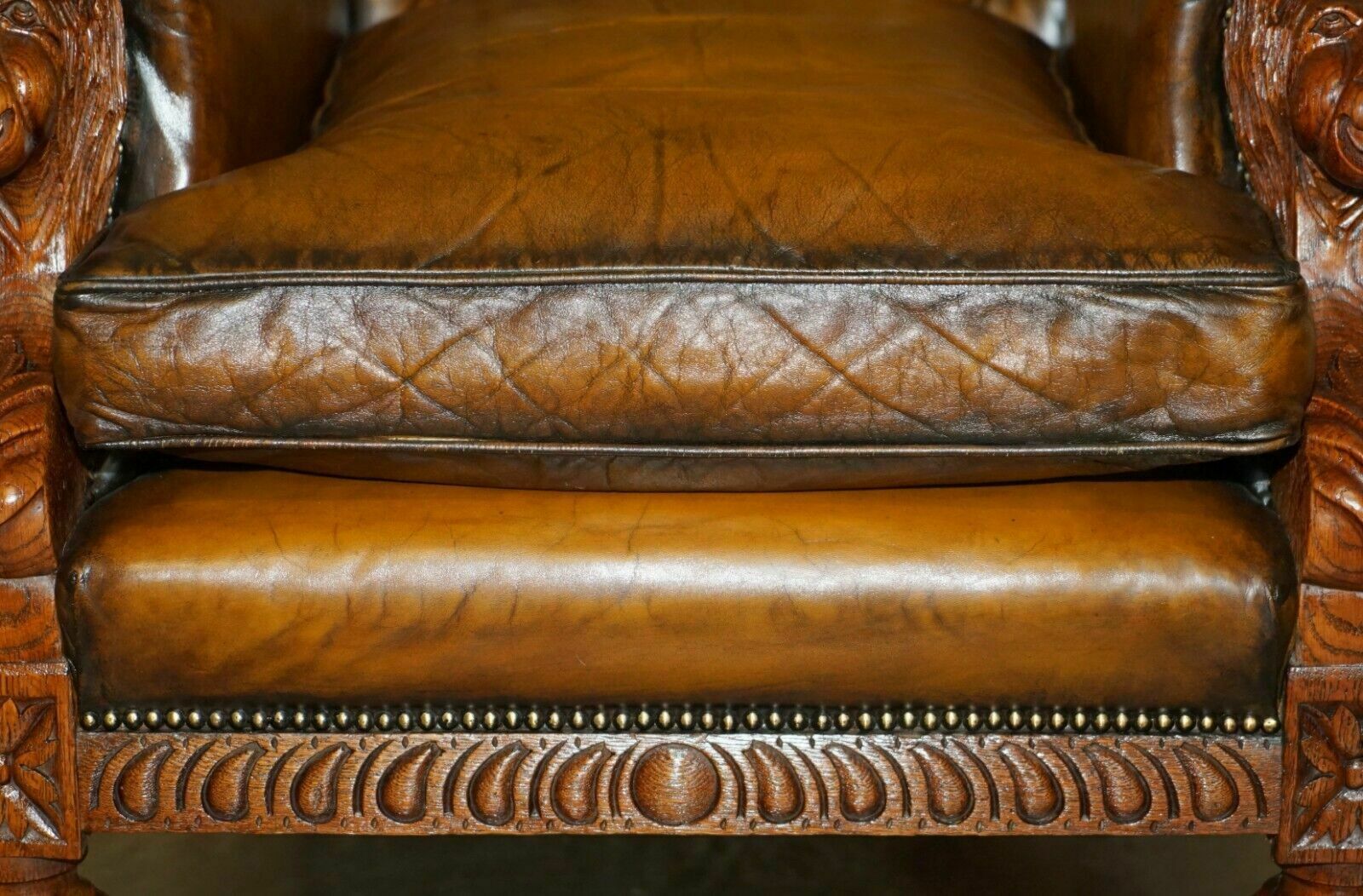 9500.0 Huge Pair Of Antique Victorian Lion Carved Chesterfield Brown Leather Armchairs photo